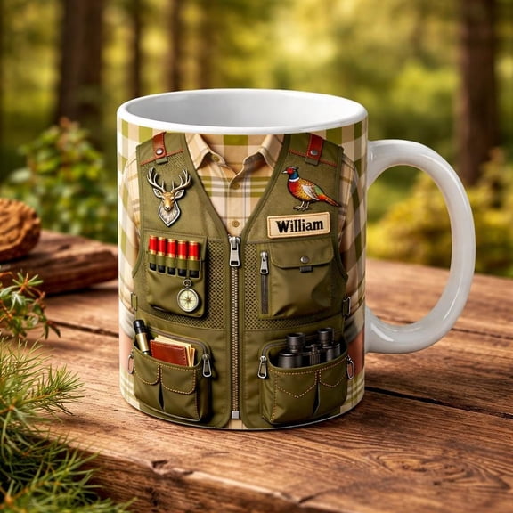 Personalized Hunting Vest Mug, Custom Name Hunter Coffee Cup, Outdoor Sportsman Gift for Dad, Father’s Day Hunting Mug