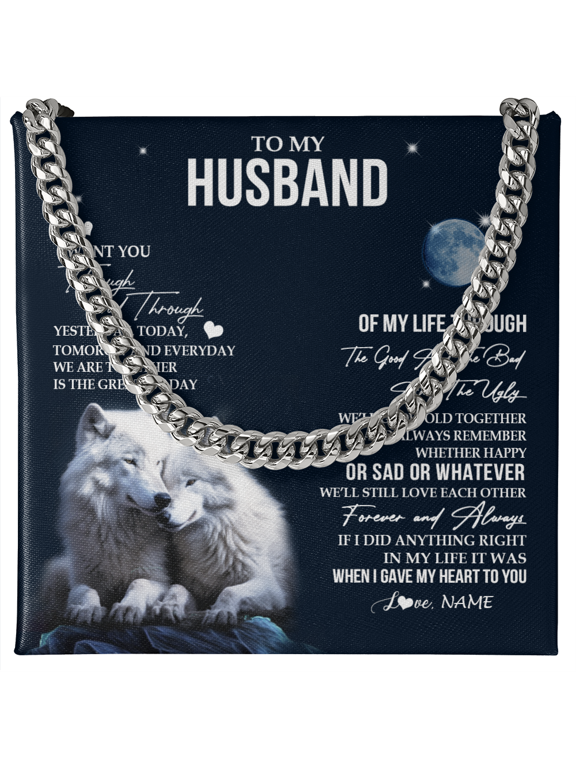 Personalized To My Husband Necklace From Wife I Want You Wolf Husband Birthday Gifts Anniversary Romantic Valentines Customized Gift Box Message Card, Gold Cuban Link Necklace