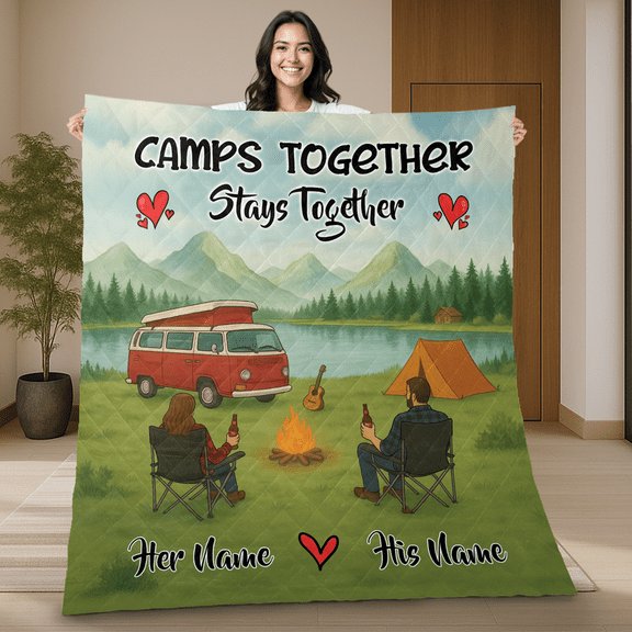 Personalized Husband And Wife Camping Quilt Blanket - Camps Together Stays Together, Custom Name Quilt for Couples, Outdoor Adventure Blanket, Gift for Him & Her