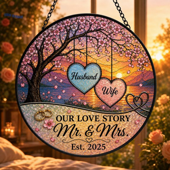 Personalized Husband Wife Stained Glass Suncatcher, Custom Romantic Window Gift