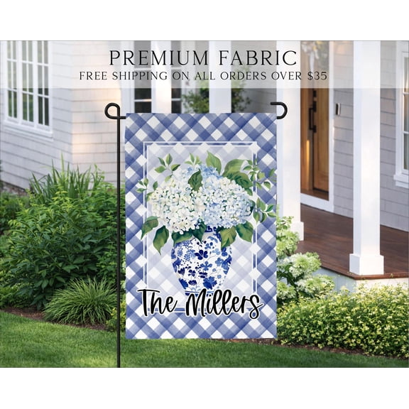 Personalized Hydrangea Garden Flag Custom Family Name Flag Blue Gingham Spring Flag Chinoi