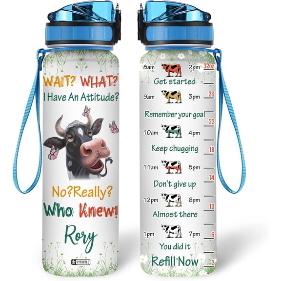 Personalized I Have An Attitude Butterfly Cow Farm 32Oz Liter Motivational Water Bottle, Customized Name With Time Marker, Gifts For Women Men Cow Lovers Farmer On Birthday Mother's Day