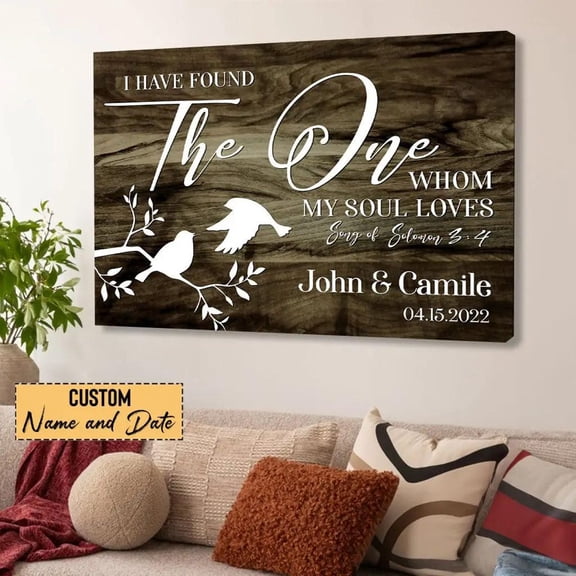 Personalized 'I Have Found The One Whom My Soul Loves' Wall Art Canvas, Custom Name And Date, Inspirational Love Decor, Christian Wall Art, Stretched Canvas Size 8x12
