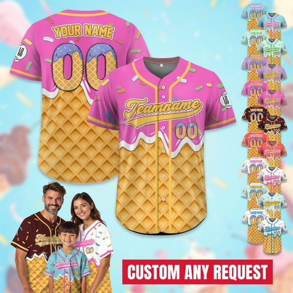 Personalized Ice Cream Drip Baseball Jersey for Men Women Youth Kid, Custom Sprinkle Drip Baseball Matching Family Shirt