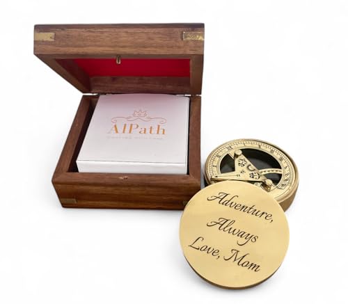 Personalized Sundial Compass In Engravable Wooden Box - Antique Brass, Working Sundial & Magnetic Compass, Wedding/Anniversary Gift