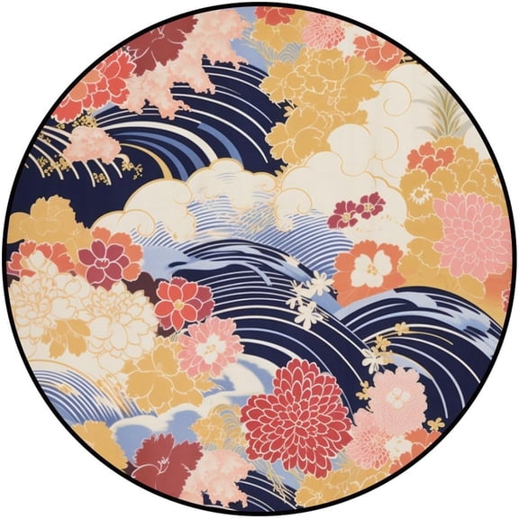 Personalized Your Own Image Text Photo, Waves and Flowers Printed Rugs Non-Slip Customized Circle Rug Modern Round Area Rug for Living Room(10 or Upload Pictures)