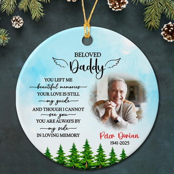 Personalized In Memory Of Loved Dad Ceramic Ornament, Custom Name Photo Dad Memorial Gift, Remembrance Occasion