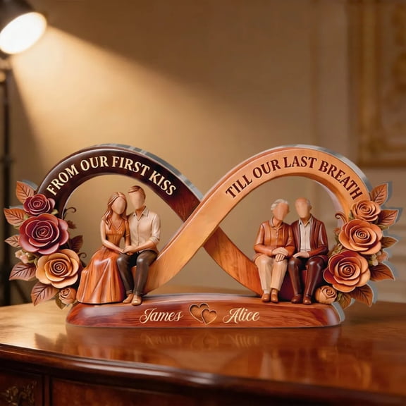 Personalized Infinity Love Couple Figurine, "From Our First Kiss Till Our Last Breath" Wooden Anniversary & Wedding Gift