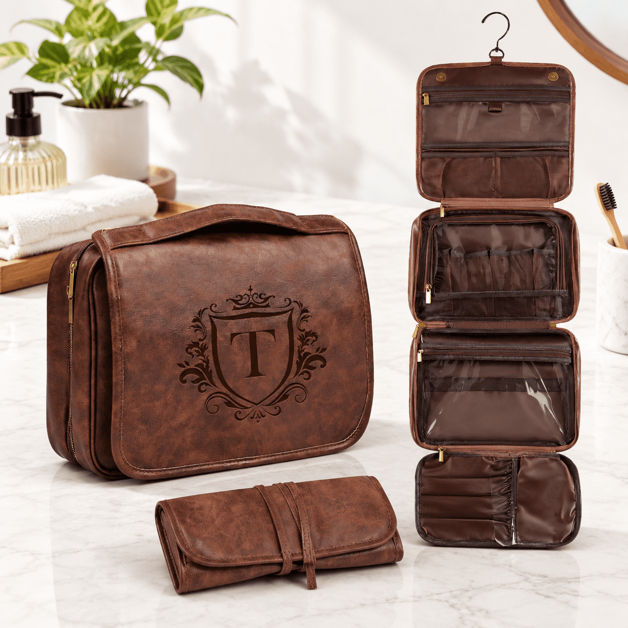 Personalized Initial 3-in-1 PU Leather Hanging Toiletry Bag, Reddish ...