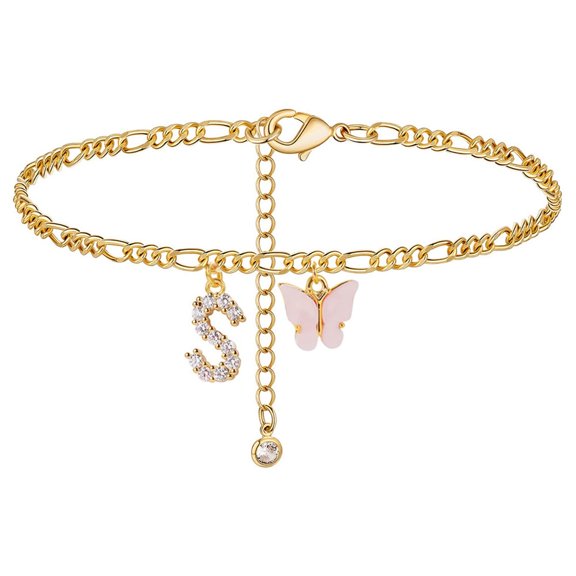 Personalized Initial Anklet Gold Plated Letter Charm with Butterfly Design for Women Girls