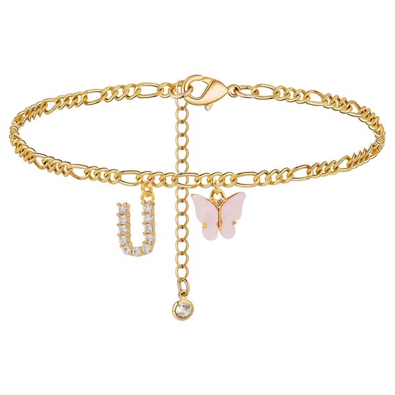 Personalized Initial Anklet Gold Plated Letter Charm with Butterfly Design for Women Girls