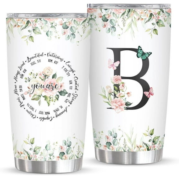 Personalized Initial B Tumbler 20oz Monogrammed Gift for Women's Birthday Mother's Day Religious & Christian Gifts Custom Coffee Mug with Elegant Initial Design