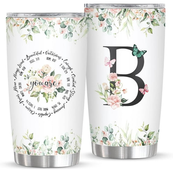 Personalized Initial B Tumbler 20oz Monogrammed Gift for Women's Birthday Mother's Day Religious & Christian Gifts Custom Coffee Mug with Elegant Initial Design