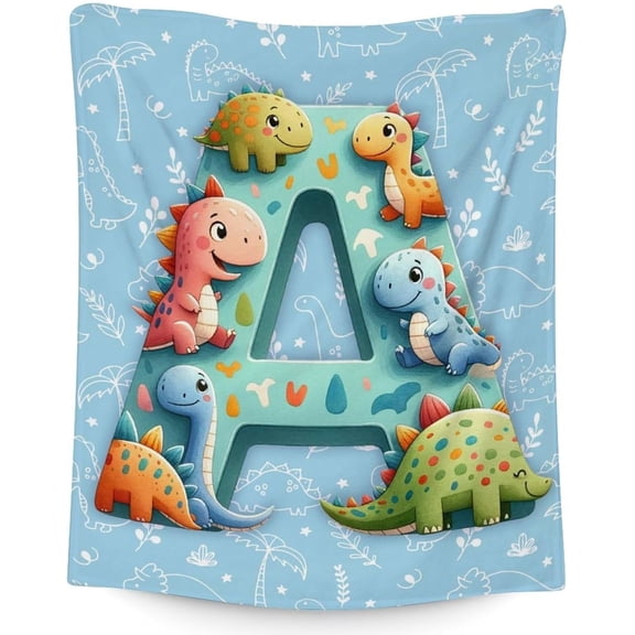 Personalized Initial Blanket, Dinosaur Blanket for Boys, 60 x 50 Inches Lightweight Throw Blanket for Women, for Dinosaur Lovers, Warm Cozy Throw Blanket for Living Room, Bed, Sofa, Office