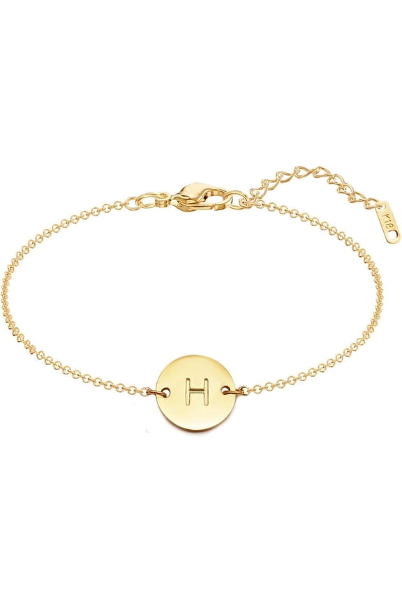 Personalized Initial Bracelet, 18K Gold Plated Stainless Steel Letter Bracelet Dainty Coin Charm Bracelet Delicate Disc Name Bracelet for Women Girls