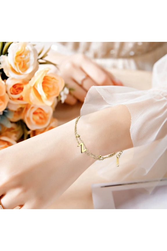 Personalized Initial Bracelet Gold Stainless Steel Double Chain Stacking Jewelry for Women Girls