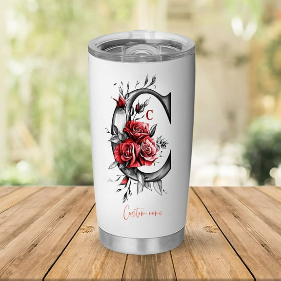 Personalized Initial C Floral Tumbler 20oz, Custom Insulated Stainless Steel Cup with Lid, Floral Coffee Travel Mug, Birthday for Mom, Sister, Bridesmaid, Flower Lover