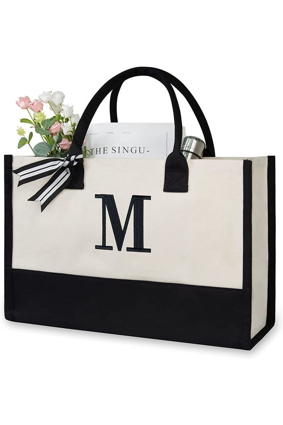Personalized Initial Canvas Beach Bag, Monogrammed Gift Tote Bag for Women