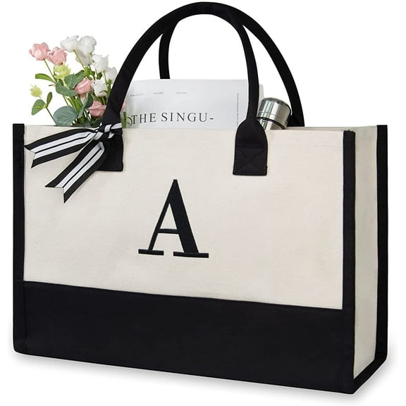 Personalized Initial Canvas Beach Bag, Monogrammed Gift Tote Bag for Women