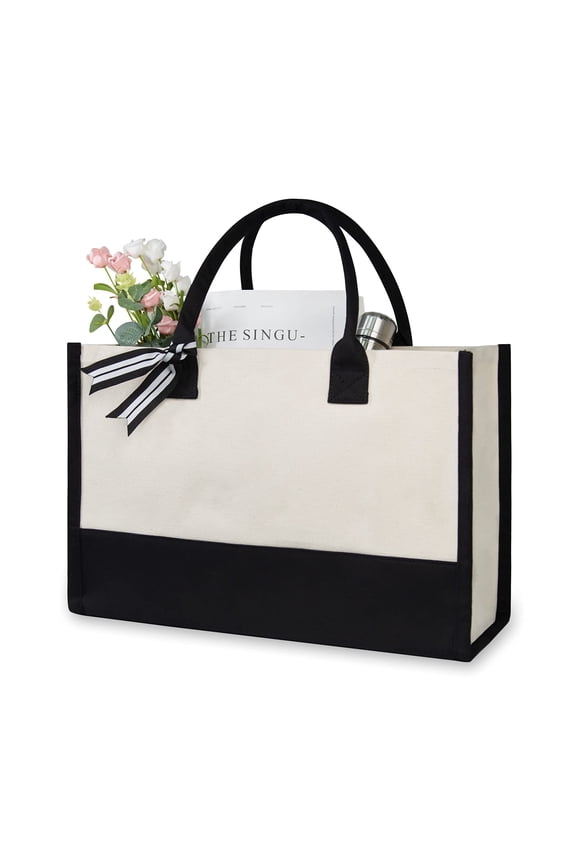 Personalized Initial Canvas Beach Bag, Monogrammed Gift Tote Bag for Women