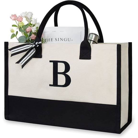 Personalized Initial Canvas Beach Bag, Monogrammed Gift Tote Bag for Women
