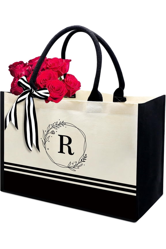 Personalized Initial Canvas Beach Bag,Monogrammed Tote Bag for Women, for Birthday Wedding Bridesmaid