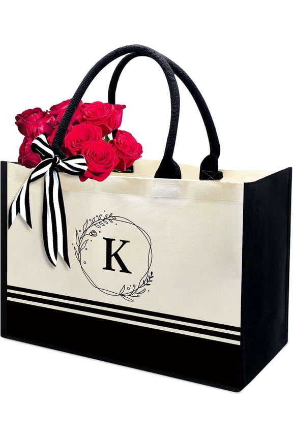 Personalized Initial Canvas Beach Bag,Monogrammed  Tote Bag for Women, for Birthday Wedding Bridesmaid
