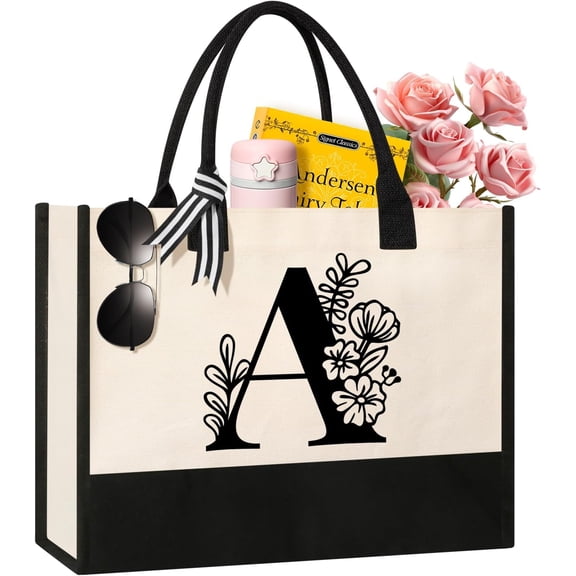 Personalized Initial Canvas Tote Bag, Suitable for Birthday, Wedding, Beach, Holiday, Gifts for Women, Mom, Teachers, ,  , Bridesmaids (A)