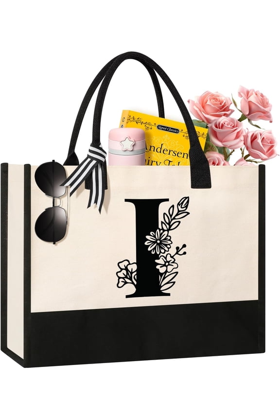 Personalized Initial Canvas Tote Bag, Suitable for Birthday, Wedding, Beach, Holiday, Gifts for Women, Mom, Teachers, , , Bridesmaids (I)