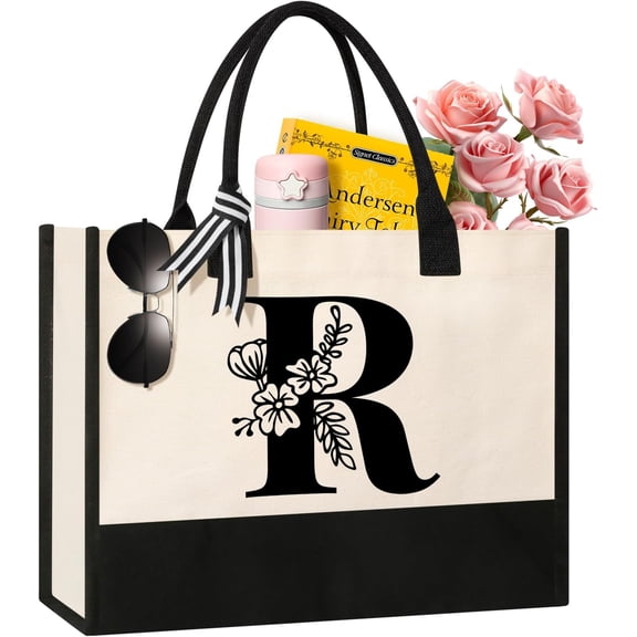 Personalized Initial Canvas Tote Bag, Suitable for Birthday, Wedding, Beach, Holiday, Gifts for Women, Mom, Teachers, , , Bridesmaids (R)