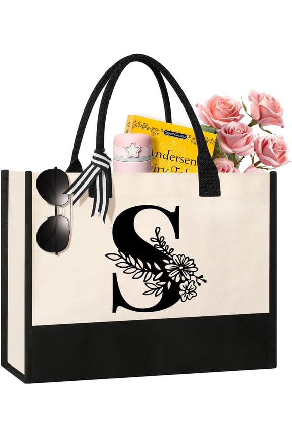 Personalized Initial Canvas Tote Bag, Suitable for Birthday, Wedding, Beach, Holiday, Gifts for Women, Mom, Teachers, ,  , Bridesmaids (S)