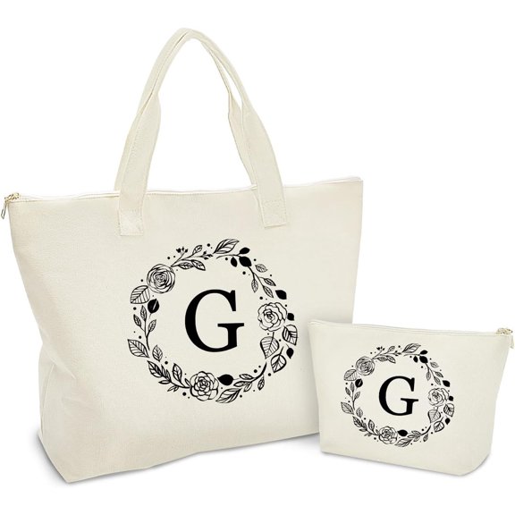 Personalized Initial Canvas Tote Bag with Zipper, Present Bag with Inner Pocket & Make Up Bag, Gifts for Women, Mom, Teachers, , Bridesmaids