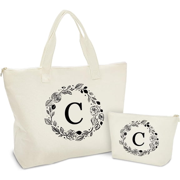 Personalized Initial Canvas Tote Bag with Zipper, Present Bag with Inner Pocket & Make Up Bag, Gifts for Women, Mom, Teachers, , Bridesmaids