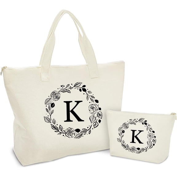 Personalized Initial Canvas Tote Bag with Zipper, Present Bag with Inner Pocket & Make Up Bag, Gifts for Women, Mom, Teachers, , Bridesmaids