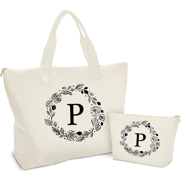 Personalized Initial Canvas Tote Bag with Zipper, Present Bag with Inner Pocket & Make Up Bag, Gifts for Women, Mom, Teachers, , Bridesmaids