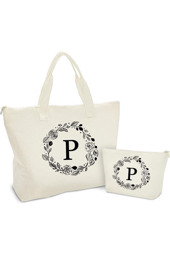 Personalized Initial Canvas Tote Bag with Zipper, Present Bag with Inner Pocket & Make Up Bag, Gifts for Women, Mom, Teachers, , Bridesmaids