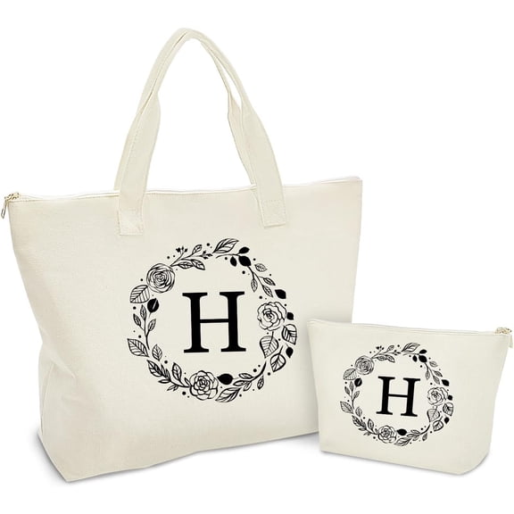 Personalized Initial Canvas Tote Bag with Zipper, Present Bag with Inner Pocket & Make Up Bag, Gifts for Women, Mom, Teachers, , Bridesmaids