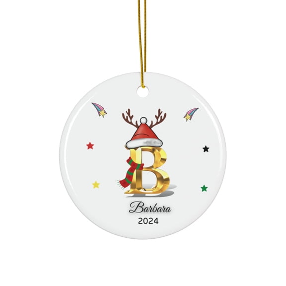 Personalized Initial Christmas Ceramic Ornament with Custom Gold Letter and Family Name, Monogram Holiday Keepsake and Christmas Tree Decoration Gift