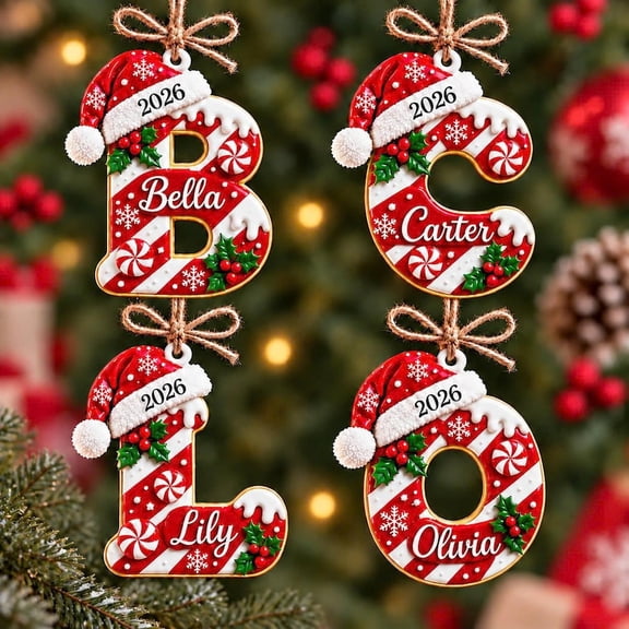 Personalized Initial Christmas Ornament 2026, Custom Name Letter Acrylic Keepsake, Candy Cane Monogram Gift, Family Christmas Tree Decor