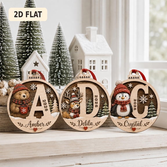 Personalized Initial Christmas Ornament 2026, Custom Penguin Wooden Monogram Ornament, Name Keepsake, Christmas Gift for Kids & Family