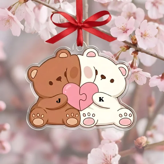 Personalized Initial Couple Bear Acrylic Suncatcher Cute Custom Gift