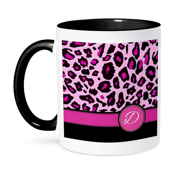 3dRose, Personalized initial D monogrammed hot pink and black leopard pattern animal print - personal letter, 11oz Two-Tone Black Mug