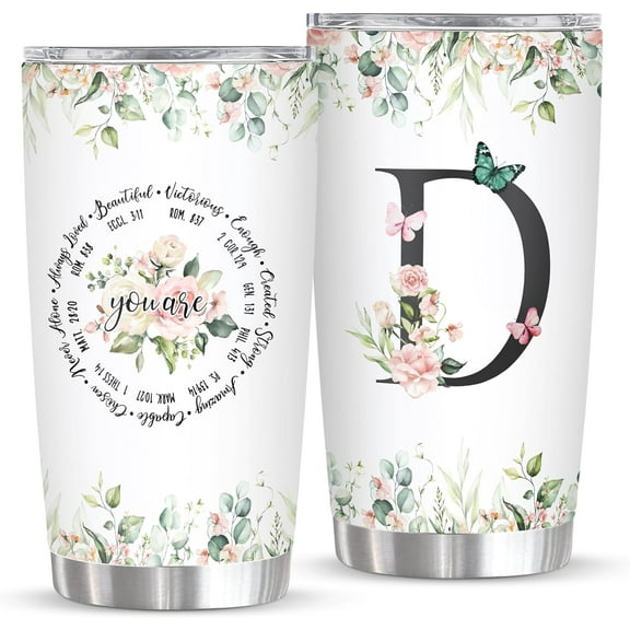 Personalized Initial D Tumbler 20oz Monogrammed Gift for Women's Birthday Mother's Day Religious & Christian Gifts Custom Coffee Mug with Elegant Initial Design