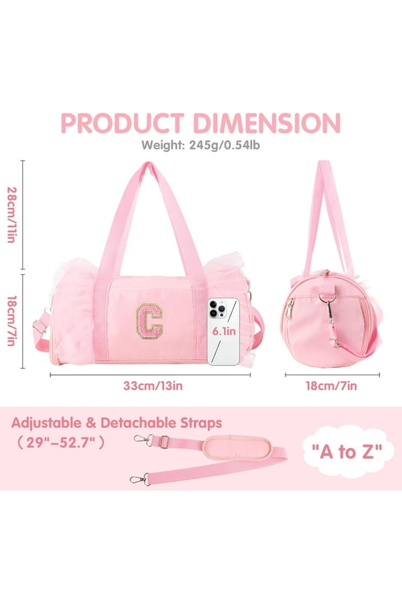 Personalized Initial Dance Bag for Girls, Cute Pink Lace Gym Yoga Travel Duffle with Adjustable Straps