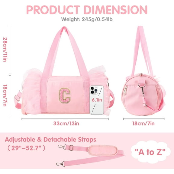 Personalized Initial Dance Bag for Girls, Cute Pink Lace Gym Yoga Travel Duffle with Adjustable Straps