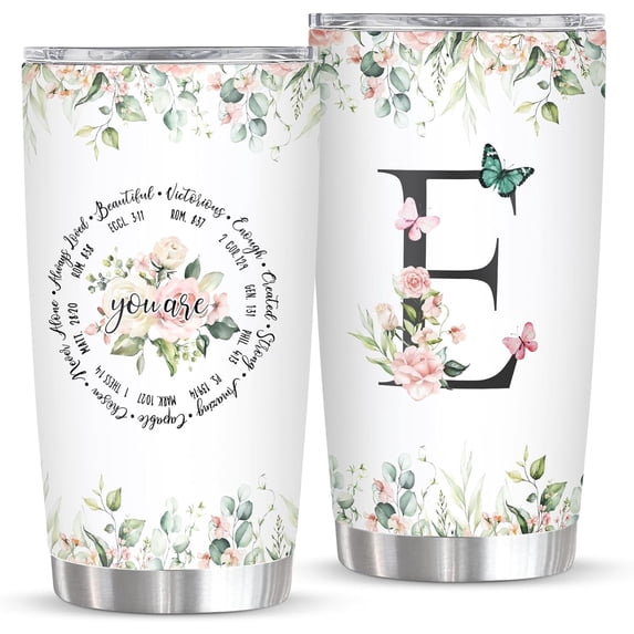 Personalized Initial E Tumbler: 20oz Monogrammed Coffee Mug – Unique Gift for Women on Birthday Mother's Day – Religious Christian Gift Personalized for Her