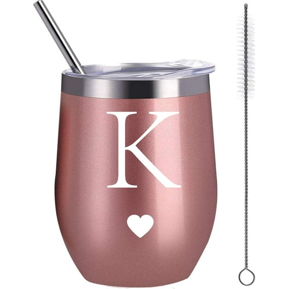Personalized Initial Gifts 12 Ounces Stainless Steel Wine Tumbler with Straw Brush Rose Gold Insulted Mug Wedding Bridesmaid Birthday Graduation Gift for Men Women Monogrammed Gift (K)