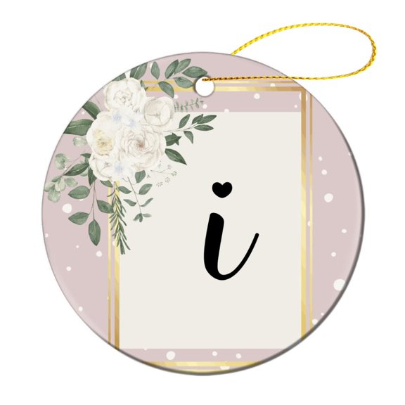 Personalized Initial I Letter Christmas Ornament Floral Initial 3" Circle Ceramic Ornament Xmas Tree Decorations Flat Circle Ceramic Ornament for Family Friend