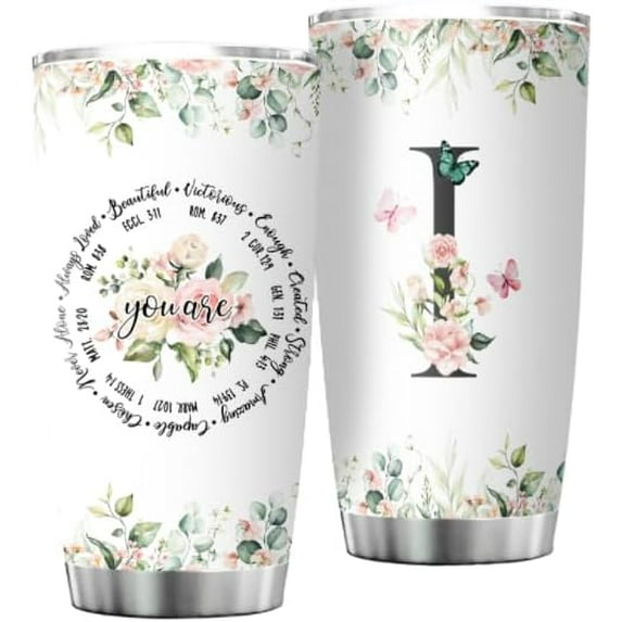 Personalized Initial I Tumbler 20oz, Monogrammed Gift for Women Birthday Mothers Day Religious Gift, Personalized Christian Gift for Women Initial Coffee Mug