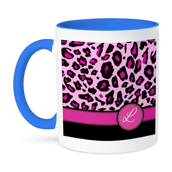 3dRose, Personalized initial L monogrammed hot pink and black leopard pattern animal print - personal letter, 15oz Two-Tone Blue Mug